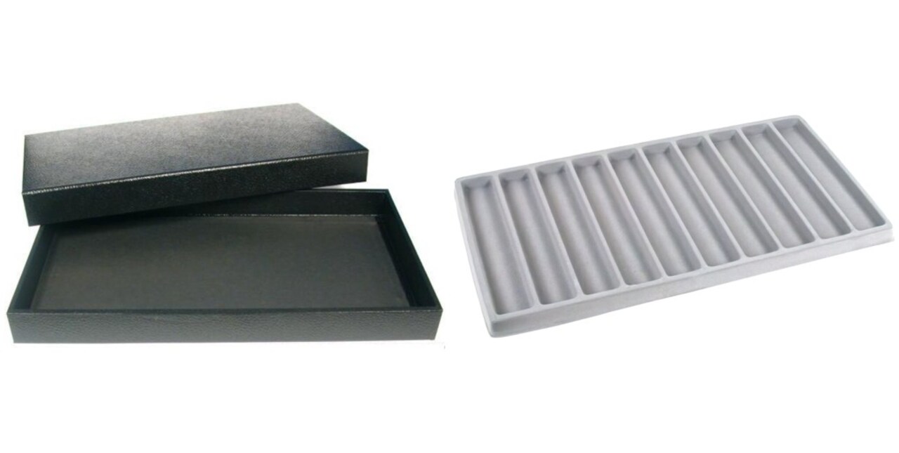 Black Jewelry Display Case (Removable Magnetic Lid) w/ Gray 10-slot Plastic Tray